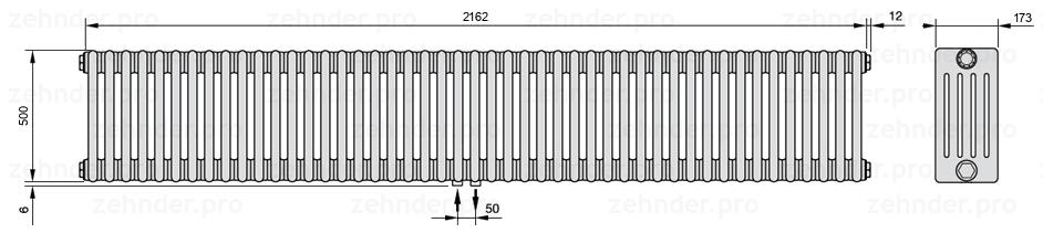Схема (чертеж) Радиатор Zehnder Charleston 5050/47 №3470 Белый глянцевый RAL 9016